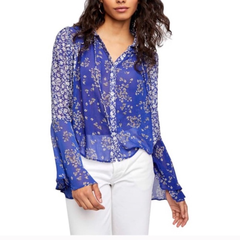 COPY - Free People Serena Royal Blue Bell Sleeve Blouse - Picture 2 of 7